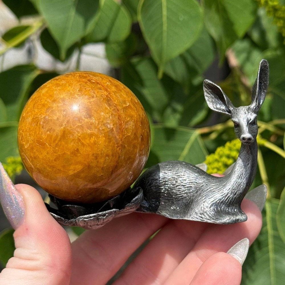Pewter Deer Sphere Stand Small Crystal Ball Holder Spirit Animal Doe Altar Decor